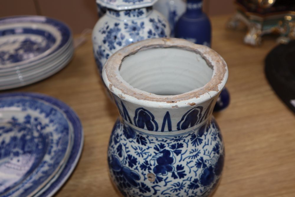 A quantity of blue and white ceramics including Delft, Spode and Chinese